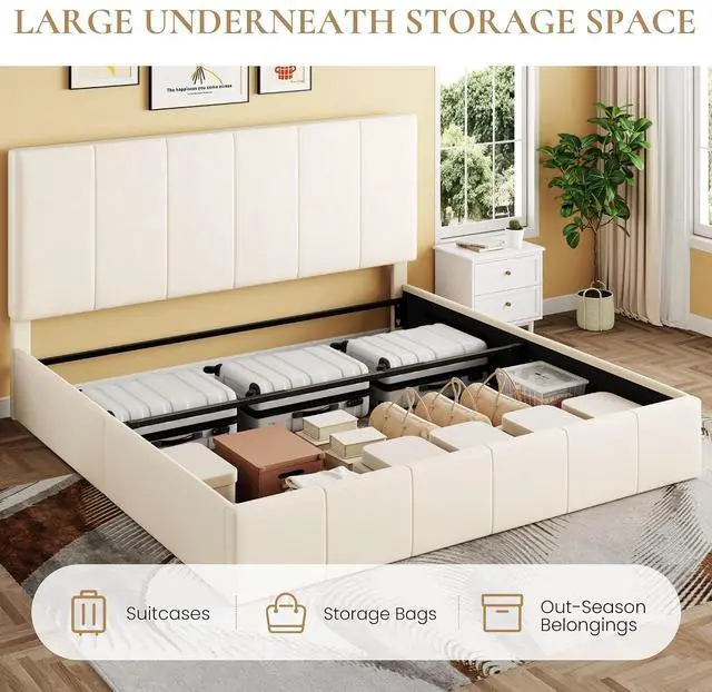Alt view image 3 of 7 - King Size Lift Up Storage Bed Frame, Adjustable Headboard, Hydraulic Support, Velvet Upholstered, Easy Installation, No Box Spring Needed, Cream
