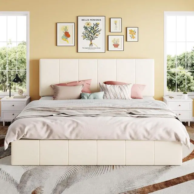 Alt view image 6 of 7 - King Size Lift Up Storage Bed Frame, Adjustable Headboard, Hydraulic Support, Velvet Upholstered, Easy Installation, No Box Spring Needed, Cream