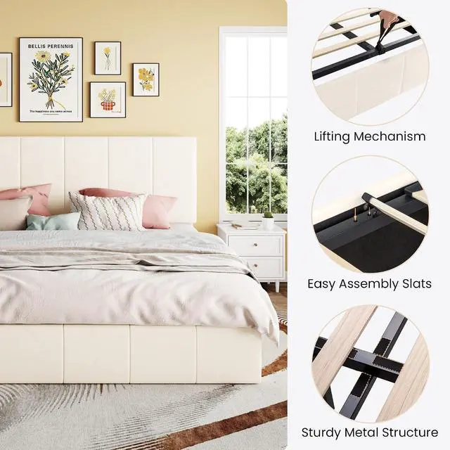Alt view image 5 of 7 - King Size Lift Up Storage Bed Frame, Adjustable Headboard, Hydraulic Support, Velvet Upholstered, Easy Installation, No Box Spring Needed, Cream