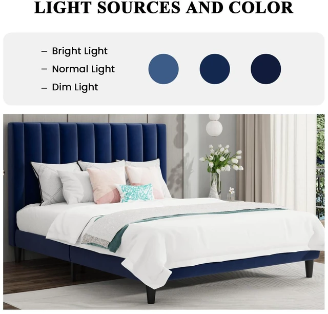 Alt view image 3 of 7 - Full Bed Frame/Velvet Upholstered Platform Bed Frame with Headboard/Strong Wood Slats Support/Mattress Foundation/No Box Spring Needed - Dark Blue
