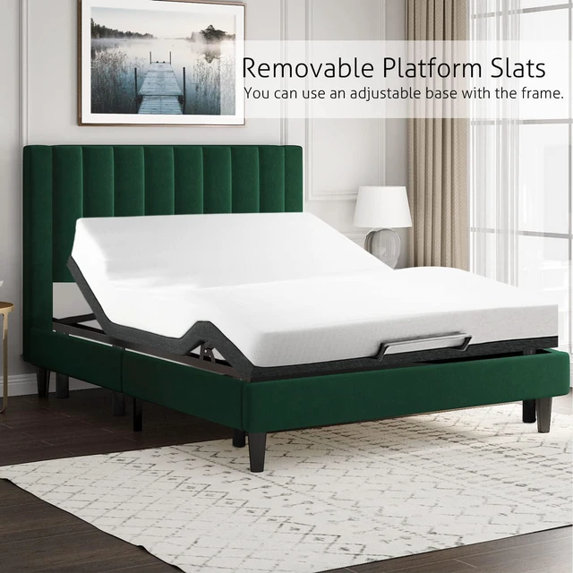 Alt view image 7 of 7 - Queen Bed Frame/Velvet Upholstered Platform Bed Frame with Headboard/Strong Wood Slats Support/Mattress Foundation/No Box Spring Needed - Green
