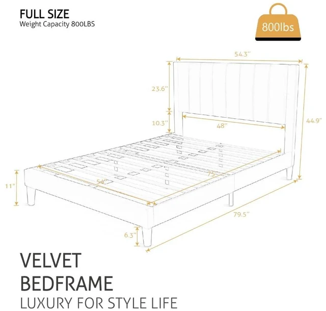Alt view image 2 of 7 - Full Bed Frame/Velvet Upholstered Platform Bed Frame with Headboard/Strong Wood Slats Support/Mattress Foundation/No Box Spring Needed - Dark Blue