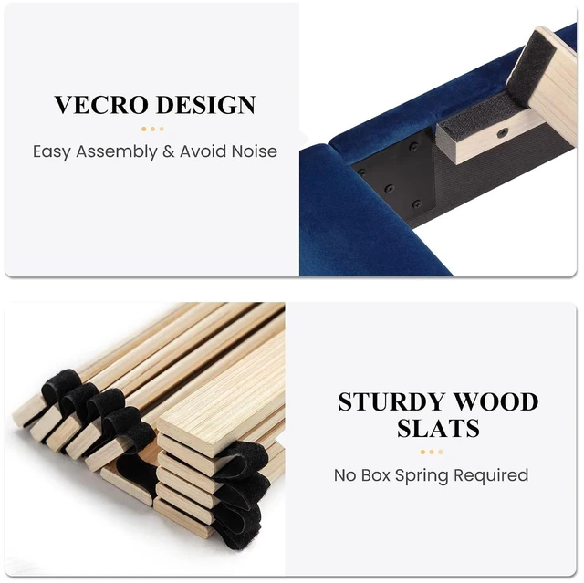 Alt view image 4 of 7 - Full Bed Frame/Velvet Upholstered Platform Bed Frame with Headboard/Strong Wood Slats Support/Mattress Foundation/No Box Spring Needed - Dark Blue