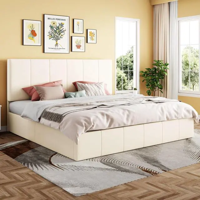 Alt view image 7 of 7 - King Size Lift Up Storage Bed Frame, Adjustable Headboard, Hydraulic Support, Velvet Upholstered, Easy Installation, No Box Spring Needed, Cream
