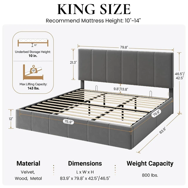 Alt view image 2 of 7 - King Size Lift Up Storage Bed Frame, Adjustable Headboard, Hydraulic Support, Velvet Upholstered, Easy Installation, No Box Spring Needed, Gray