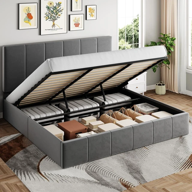 Main image of King Size Lift Up Storage Bed Frame, Adjustable Headboard, Hydraulic Support, Velvet Upholstered, Easy Installation, No Box Spring Needed, Gray