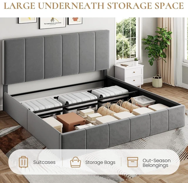 Alt view image 3 of 7 - King Size Lift Up Storage Bed Frame, Adjustable Headboard, Hydraulic Support, Velvet Upholstered, Easy Installation, No Box Spring Needed, Gray