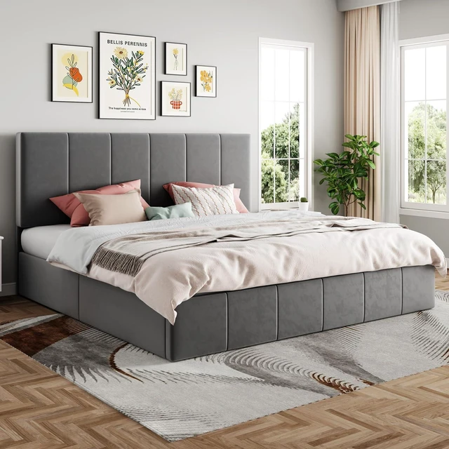 Alt view image 6 of 7 - King Size Lift Up Storage Bed Frame, Adjustable Headboard, Hydraulic Support, Velvet Upholstered, Easy Installation, No Box Spring Needed, Gray