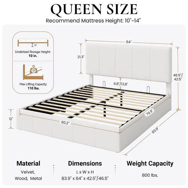 Alt view image 2 of 7 - Queen Size Lift Up Storage Bed Frame, Adjustable Headboard, Hydraulic Support, Velvet Upholstered, Easy Installation, No Box Spring Needed, White