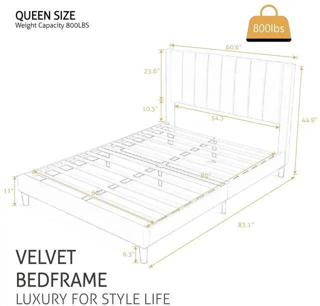 Alt view image 2 of 7 - Queen Bed Frame/Velvet Upholstered Platform Bed Frame with Headboard/Strong Wood Slats Support/Mattress Foundation/No Box Spring Needed - Black
