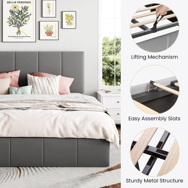 Alt view image 5 of 7 - King Size Lift Up Storage Bed Frame, Adjustable Headboard, Hydraulic Support, Velvet Upholstered, Easy Installation, No Box Spring Needed, Gray