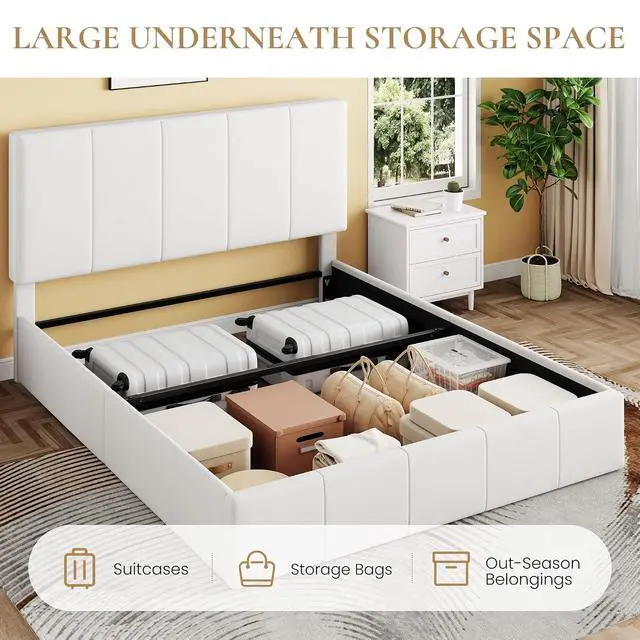 Alt view image 3 of 7 - Queen Size Lift Up Storage Bed Frame, Adjustable Headboard, Hydraulic Support, Velvet Upholstered, Easy Installation, No Box Spring Needed, White