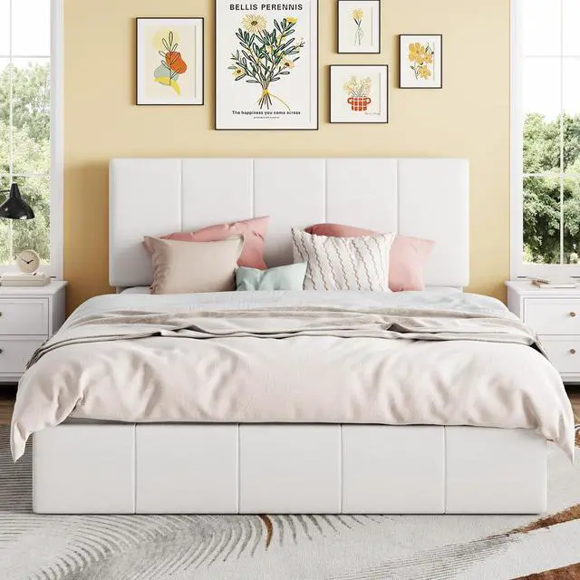 Alt view image 7 of 7 - Queen Size Lift Up Storage Bed Frame, Adjustable Headboard, Hydraulic Support, Velvet Upholstered, Easy Installation, No Box Spring Needed, White
