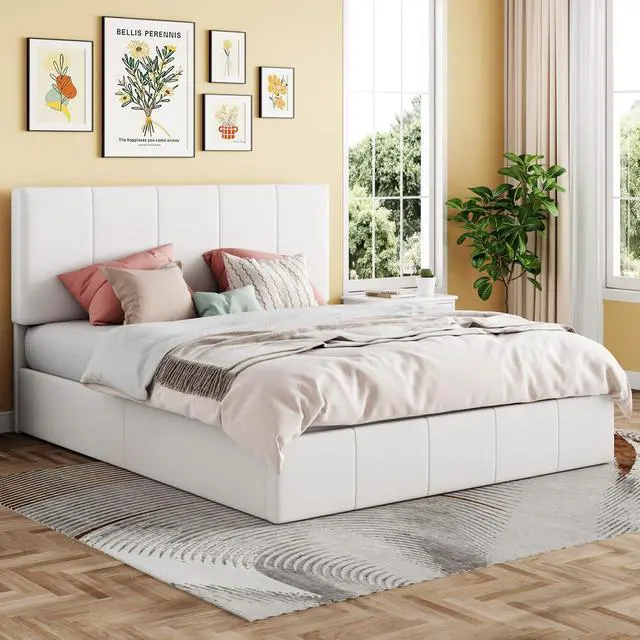 Alt view image 6 of 7 - Queen Size Lift Up Storage Bed Frame, Adjustable Headboard, Hydraulic Support, Velvet Upholstered, Easy Installation, No Box Spring Needed, White