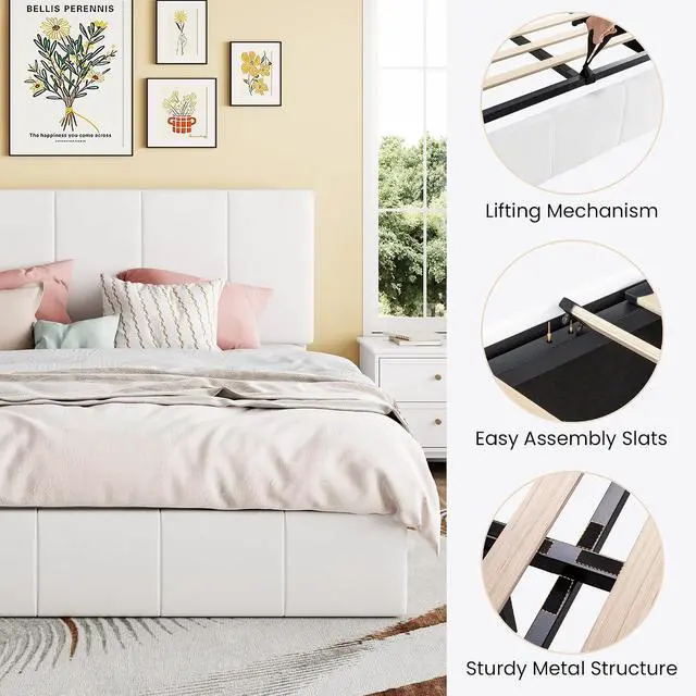 Alt view image 5 of 7 - Queen Size Lift Up Storage Bed Frame, Adjustable Headboard, Hydraulic Support, Velvet Upholstered, Easy Installation, No Box Spring Needed, White