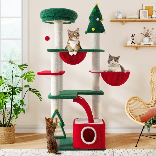 Main image of 67in Tall Cat Tree/Climbing Tower with Top Perch, Hammock, Sisal Scratching Posts/Cute Condo for Indoor Kitties/Pet Feline House/Activity Center/Christmas Decor/Green & Red