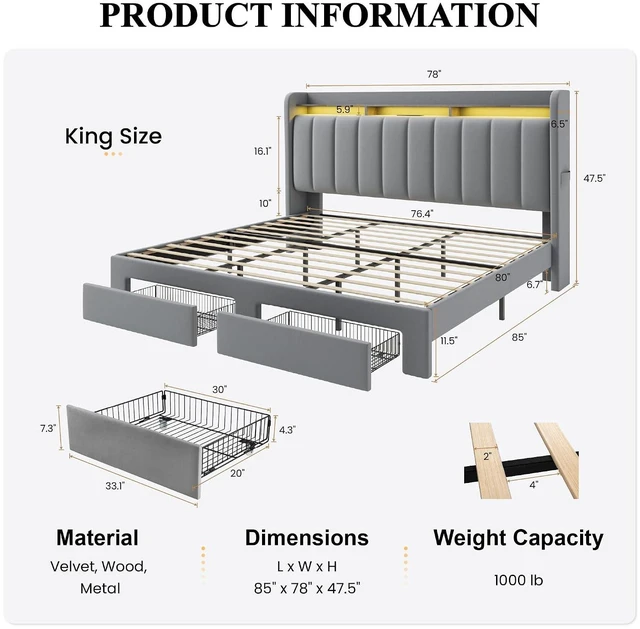 Alt view image 2 of 7 - Velvet King Size Bed Frame with Vertical Channel Tufted Wingback Headboard & 2 Storage Drawers/2-Tier Shelves with LED Lights & Charging Station/Noise-Free/No Box Spring Needed/Light Grey