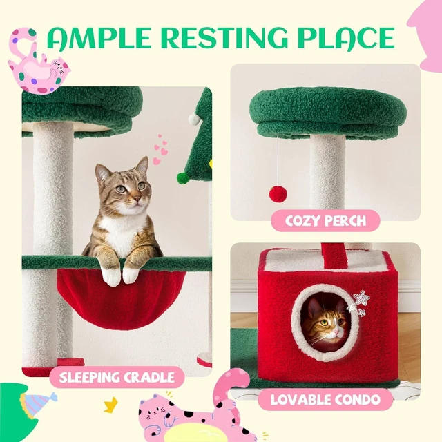 Alt view image 3 of 6 - 67in Tall Cat Tree/Climbing Tower with Top Perch, Hammock, Sisal Scratching Posts/Cute Condo for Indoor Kitties/Pet Feline House/Activity Center/Christmas Decor/Green & Red