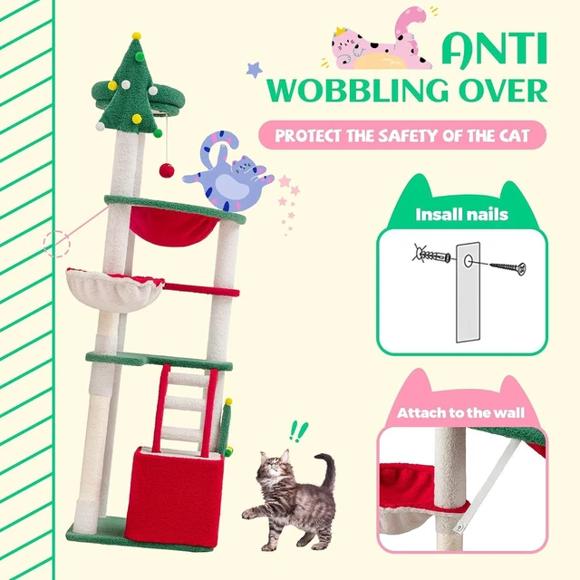 Alt view image 5 of 6 - 67in Tall Cat Tree/Climbing Tower with Top Perch, Hammock, Sisal Scratching Posts/Cute Condo for Indoor Kitties/Pet Feline House/Activity Center/Christmas Decor/Green & Red