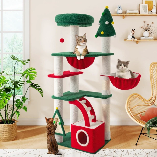 Alt view image 2 of 6 - 67in Tall Cat Tree/Climbing Tower with Top Perch, Hammock, Sisal Scratching Posts/Cute Condo for Indoor Kitties/Pet Feline House/Activity Center/Christmas Decor/Green & Red