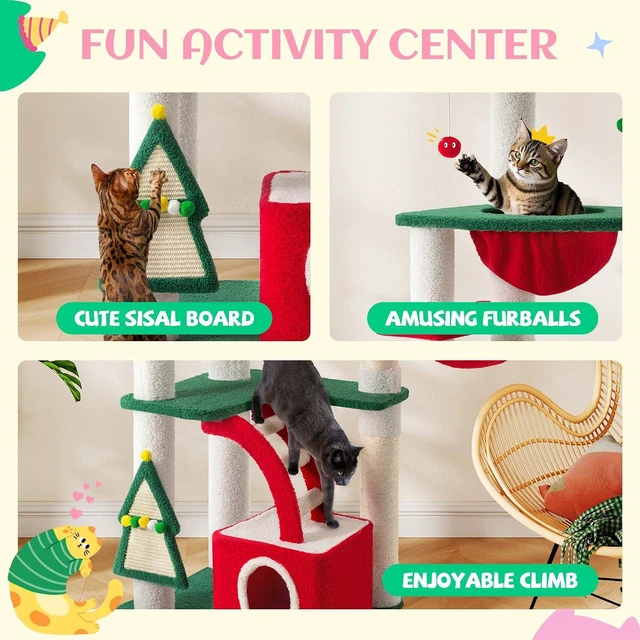 Alt view image 4 of 6 - 67in Tall Cat Tree/Climbing Tower with Top Perch, Hammock, Sisal Scratching Posts/Cute Condo for Indoor Kitties/Pet Feline House/Activity Center/Christmas Decor/Green & Red