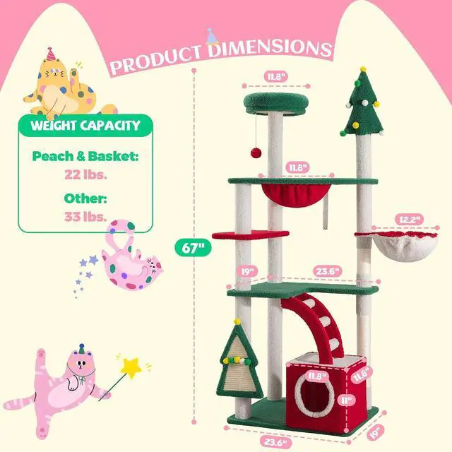 Alt view image 6 of 6 - 67in Tall Cat Tree/Climbing Tower with Top Perch, Hammock, Sisal Scratching Posts/Cute Condo for Indoor Kitties/Pet Feline House/Activity Center/Christmas Decor/Green & Red