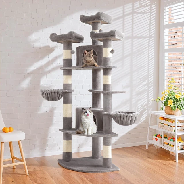 Alt view image 2 of 6 - 73" Space-Saving Cat Tree/Multi-Level Tall Cat Tower with Perches/Scratching Posts/Condo & Hanging Baskets/Modern Fan-Shaped Design for Indoor Kitties/Pet Activity House/Grey