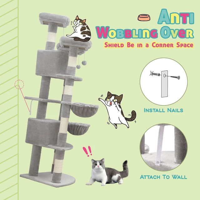 Alt view image 4 of 6 - 73" Space-Saving Cat Tree/Multi-Level Tall Cat Tower with Perches/Scratching Posts/Condo & Hanging Baskets/Modern Fan-Shaped Design for Indoor Kitties/Pet Activity House/Grey