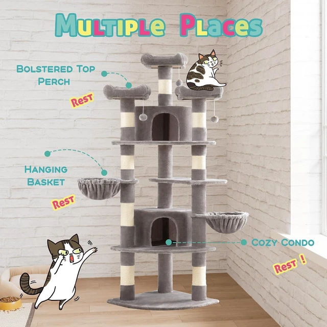 Alt view image 3 of 6 - 73" Space-Saving Cat Tree/Multi-Level Tall Cat Tower with Perches/Scratching Posts/Condo & Hanging Baskets/Modern Fan-Shaped Design for Indoor Kitties/Pet Activity House/Grey