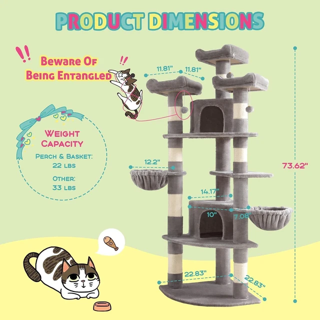Alt view image 5 of 6 - 73" Space-Saving Cat Tree/Multi-Level Tall Cat Tower with Perches/Scratching Posts/Condo & Hanging Baskets/Modern Fan-Shaped Design for Indoor Kitties/Pet Activity House/Grey