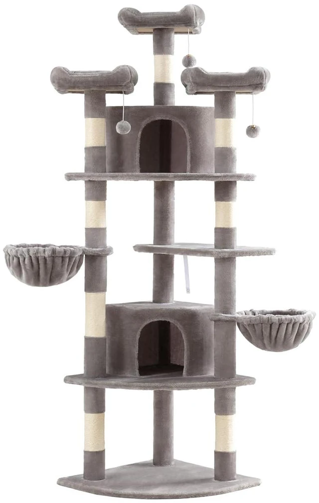 Alt view image 6 of 6 - 73" Space-Saving Cat Tree/Multi-Level Tall Cat Tower with Perches/Scratching Posts/Condo & Hanging Baskets/Modern Fan-Shaped Design for Indoor Kitties/Pet Activity House/Grey