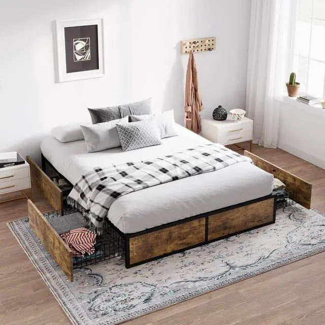 Main image of Queen Platform Bed Frame with Storage Drawers, Sturdy Metal and Wood Construction, Modern Design, No Box Spring Needed, Easy Assembly