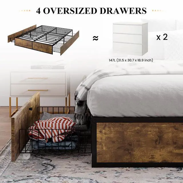 Alt view image 3 of 7 - Queen Platform Bed Frame with Storage Drawers, Sturdy Metal and Wood Construction, Modern Design, No Box Spring Needed, Easy Assembly