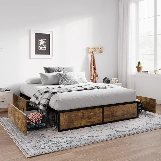 Alt view image 6 of 7 - Full Size Bed Frame with Storage, 4 Extra Large Drawers on Wheels, Mattress Foundation, Strong Metal Slat Support, No Box Spring Needed, Easy Assembly