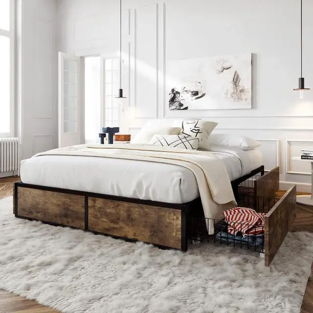 Alt view image 5 of 7 - Queen Platform Bed Frame with Storage Drawers, Sturdy Metal and Wood Construction, Modern Design, No Box Spring Needed, Easy Assembly