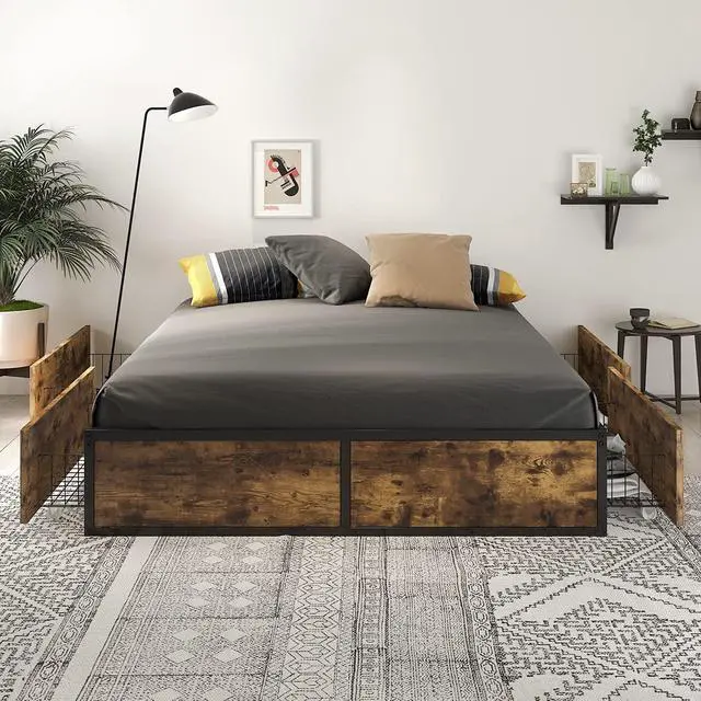 Alt view image 7 of 7 - Queen Platform Bed Frame with Storage Drawers, Sturdy Metal and Wood Construction, Modern Design, No Box Spring Needed, Easy Assembly