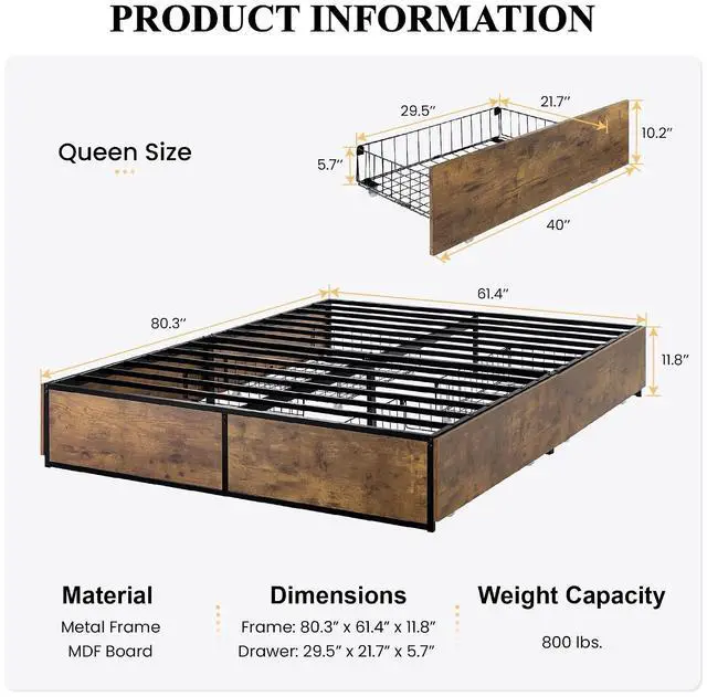 Alt view image 2 of 7 - Queen Platform Bed Frame with Storage Drawers, Sturdy Metal and Wood Construction, Modern Design, No Box Spring Needed, Easy Assembly