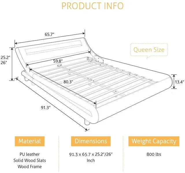 Alt view image 2 of 7 - LED Queen Bed Frame with Adjustable Headboard - Low Profile Sleigh Design, Strong Wood Slats Support and Mattress Foundation, No Box Spring Needed, Black and White