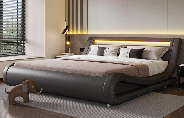 Main image of LED King Deluxe Upholstered Bed Frame with Adjustable Headboard - Low Profile Sleigh Design, Strong Wood Slats Support, No Box Spring Needed, Grey