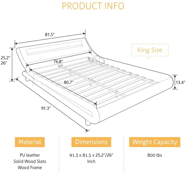 Alt view image 2 of 7 - LED King Deluxe Upholstered Bed Frame with Adjustable Headboard - Low Profile Sleigh Design, Strong Wood Slats Support, No Box Spring Needed, Black and White