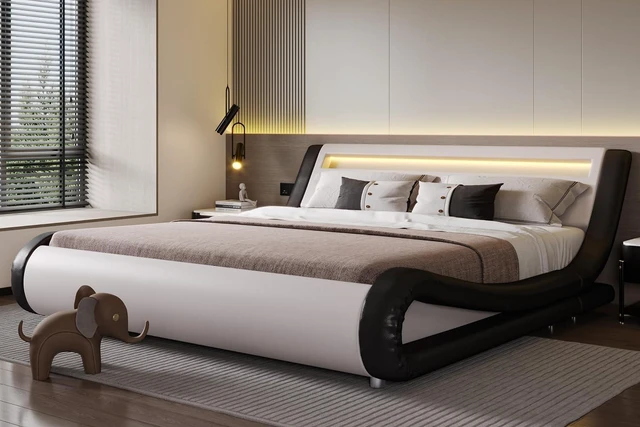 Main image of LED King Deluxe Upholstered Bed Frame with Adjustable Headboard - Low Profile Sleigh Design, Strong Wood Slats Support, No Box Spring Needed, Black and White