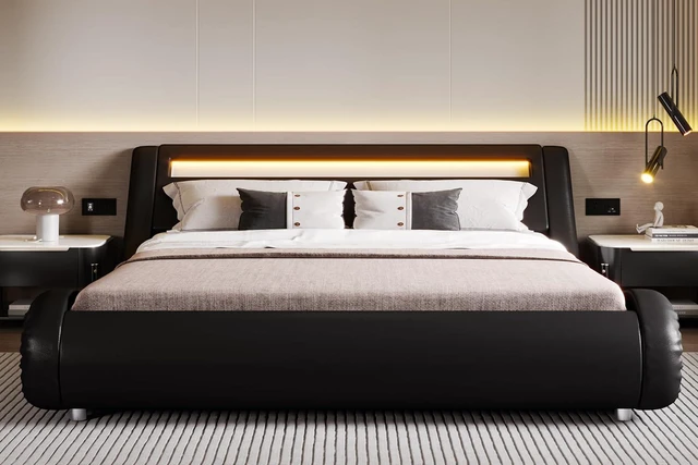 Alt view image 6 of 7 - Deluxe Upholstered LED King Bed Frame with Adjustable Headboard - Low Profile Sleigh Design - Strong Wood Slats Support, No Box Spring Needed, Black