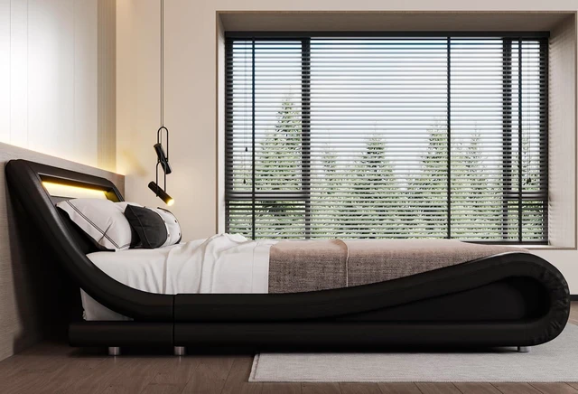 Alt view image 7 of 7 - Deluxe Upholstered LED King Bed Frame with Adjustable Headboard - Low Profile Sleigh Design - Strong Wood Slats Support, No Box Spring Needed, Black