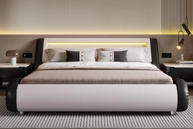 Alt view image 6 of 7 - LED King Deluxe Upholstered Bed Frame with Adjustable Headboard - Low Profile Sleigh Design, Strong Wood Slats Support, No Box Spring Needed, Black and White