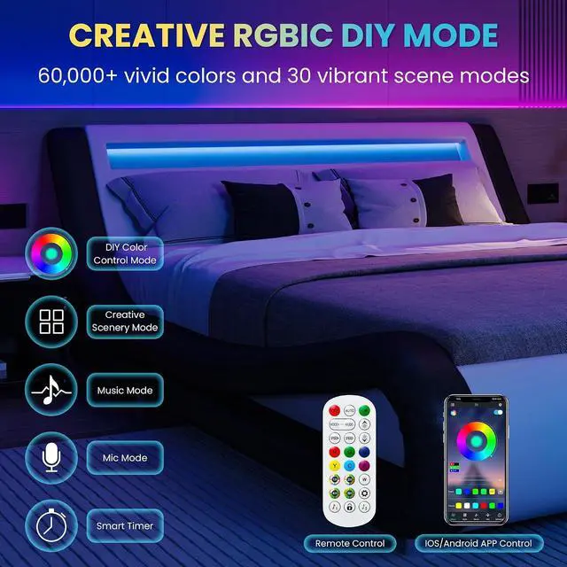 Alt view image 3 of 7 - LED Full Bed Frame with Adjustable Headboard - Low Profile Sleigh Design, Strong Wood Slats Support and Mattress Foundation, No Box Spring Needed, Black and White
