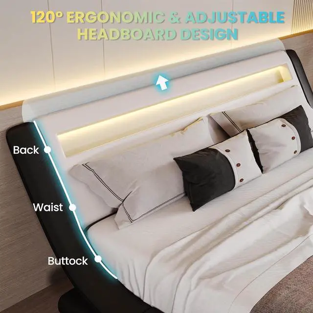 Alt view image 4 of 7 - LED Full Bed Frame with Adjustable Headboard - Low Profile Sleigh Design, Strong Wood Slats Support and Mattress Foundation, No Box Spring Needed, Black and White