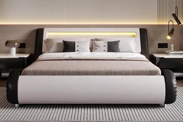 Alt view image 6 of 7 - LED Full Bed Frame with Adjustable Headboard - Low Profile Sleigh Design, Strong Wood Slats Support and Mattress Foundation, No Box Spring Needed, Black and White