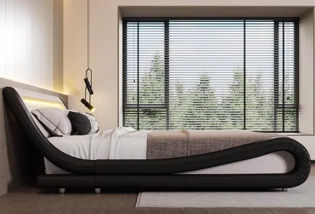 Alt view image 7 of 7 - LED Full Bed Frame with Adjustable Headboard - Low Profile Sleigh Design, Strong Wood Slats Support and Mattress Foundation, No Box Spring Needed, Black and White