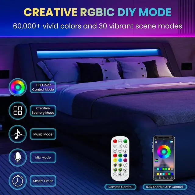 Alt view image 3 of 7 - LED Full Bed Frame with Adjustable Headboard - Low Profile Sleigh Design, Strong Wood Slats Support and Mattress Foundation, No Box Spring Needed, Grey