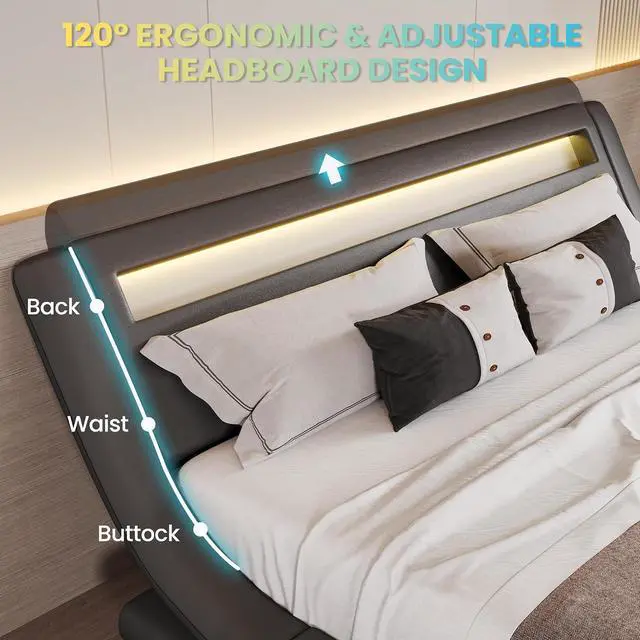 Alt view image 4 of 7 - LED Full Bed Frame with Adjustable Headboard - Low Profile Sleigh Design, Strong Wood Slats Support and Mattress Foundation, No Box Spring Needed, Grey
